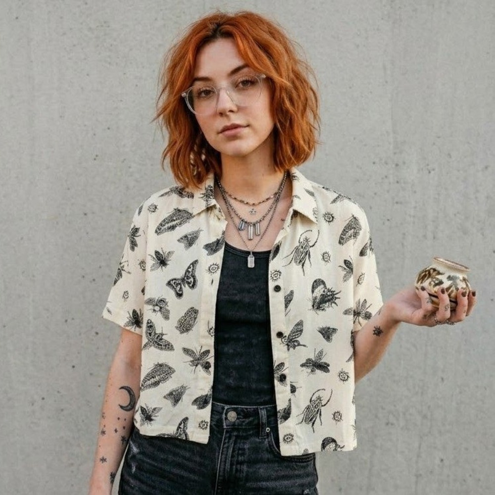 Hot Topic Insect Print Shirt Womens Medium Bug Moth Beetle Cockroach Goblincore
